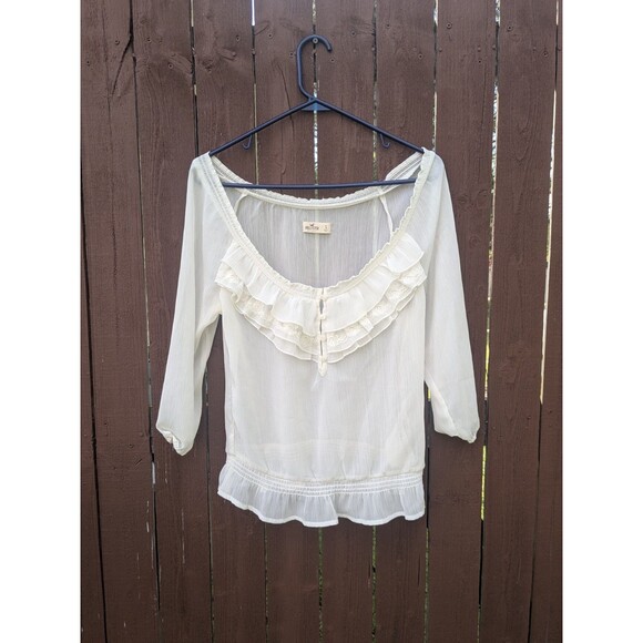 Hollister Sheer Ruffle Neck & Waist Peasant Top Size Small Boho Hippie 70s Yoke - Picture 1 of 7